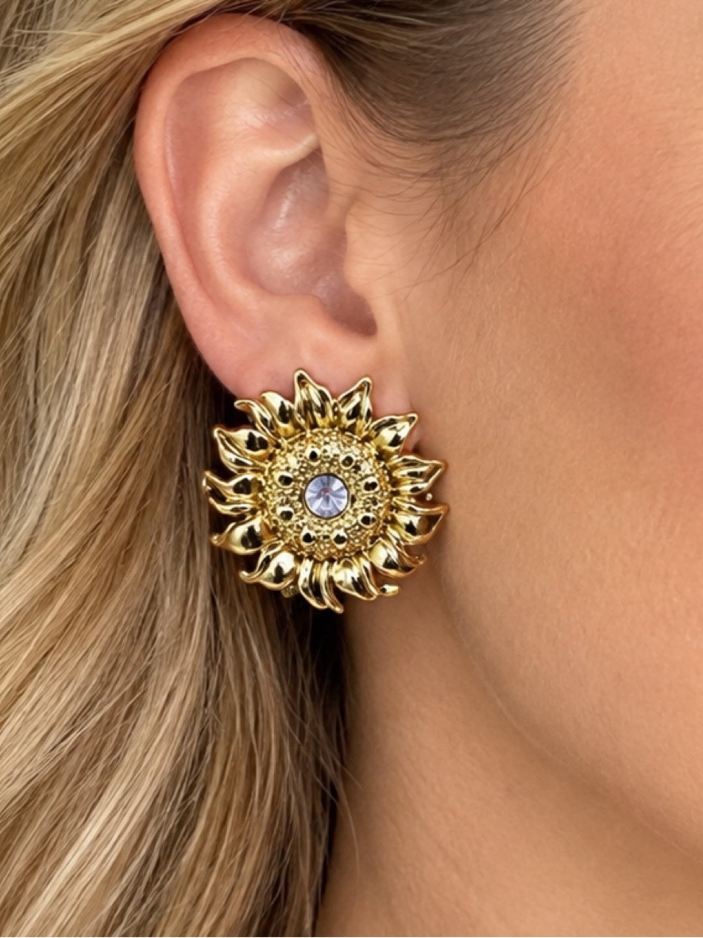 Vintage Gold Sunflower Clip-On Earrings